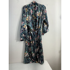 Womans Vtg Kathryn Bath Robe Green Floral Paisley Long Ash Front Tie Closure Med